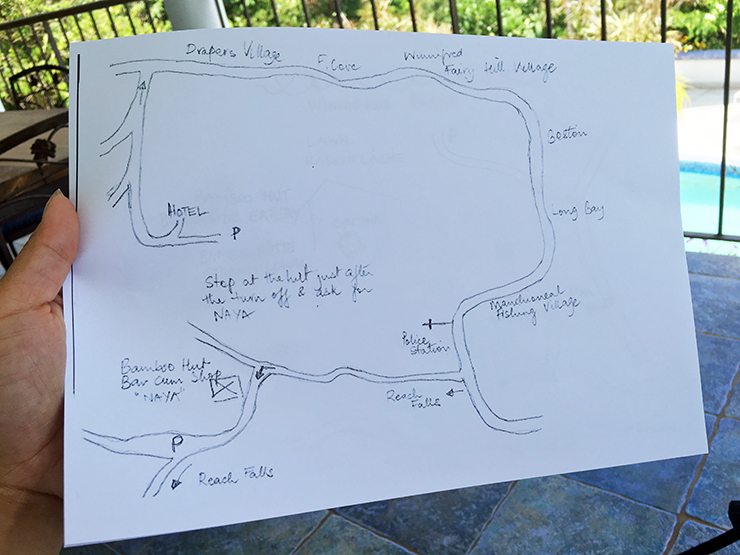 A hand drawn map from Hotel Mocking Bird Hill